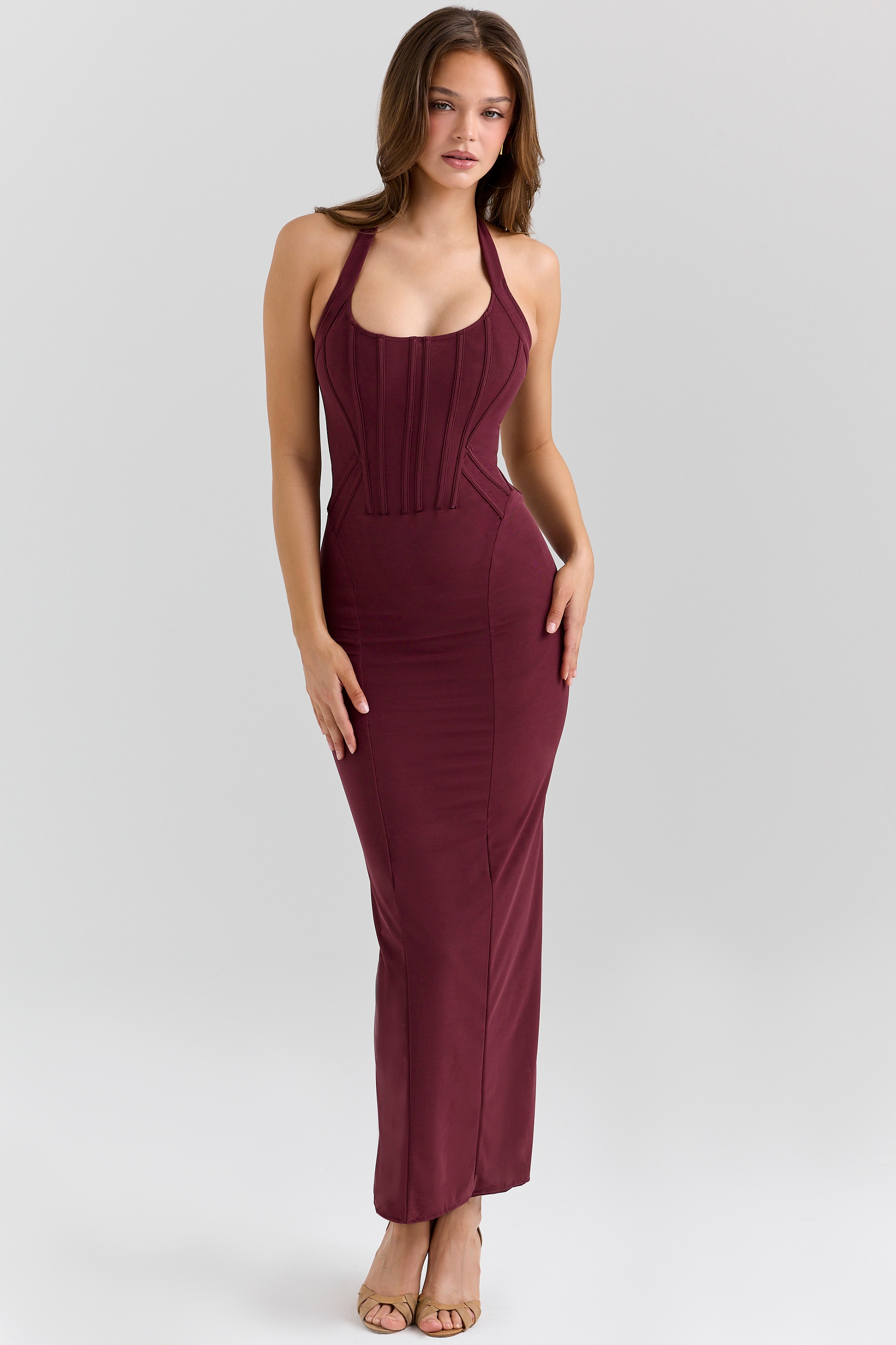 grape stretch mesh halter neck midi dress | House of CB