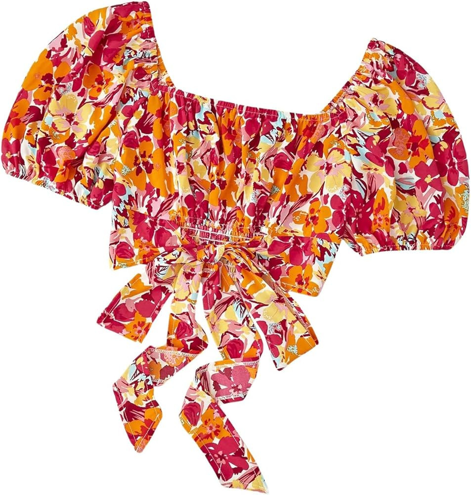 MakeMeChic Women's Floral Tie Front Crop Tops Puff Short Sleeve Shirred Shirt Square Neck Blouse | Amazon (US)