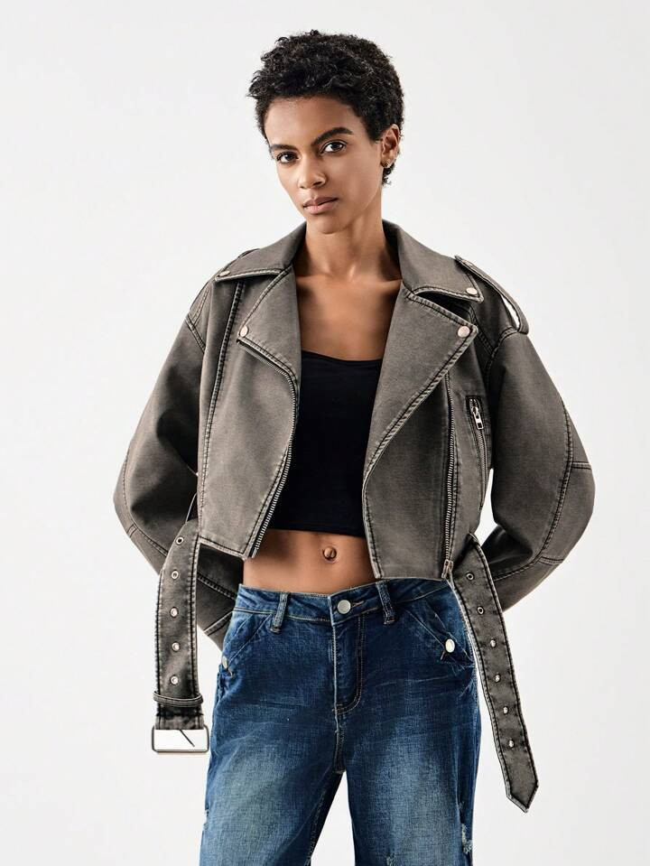 SHEIN X Paige Thorne SHEIN BIZwear Zip Up Moto Jacket | SHEIN