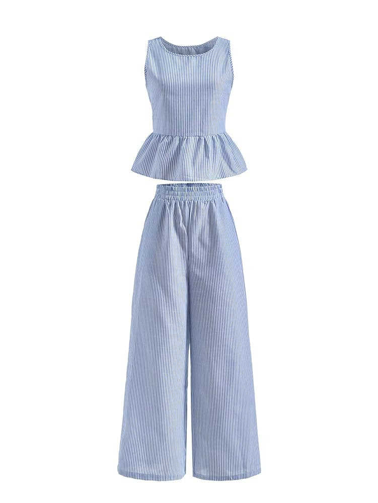 Women's 2 Piece Vacation Outfit Striped Peplum Sleeveless Tank Top and Wide Leg Pants Set | Amazon (US)