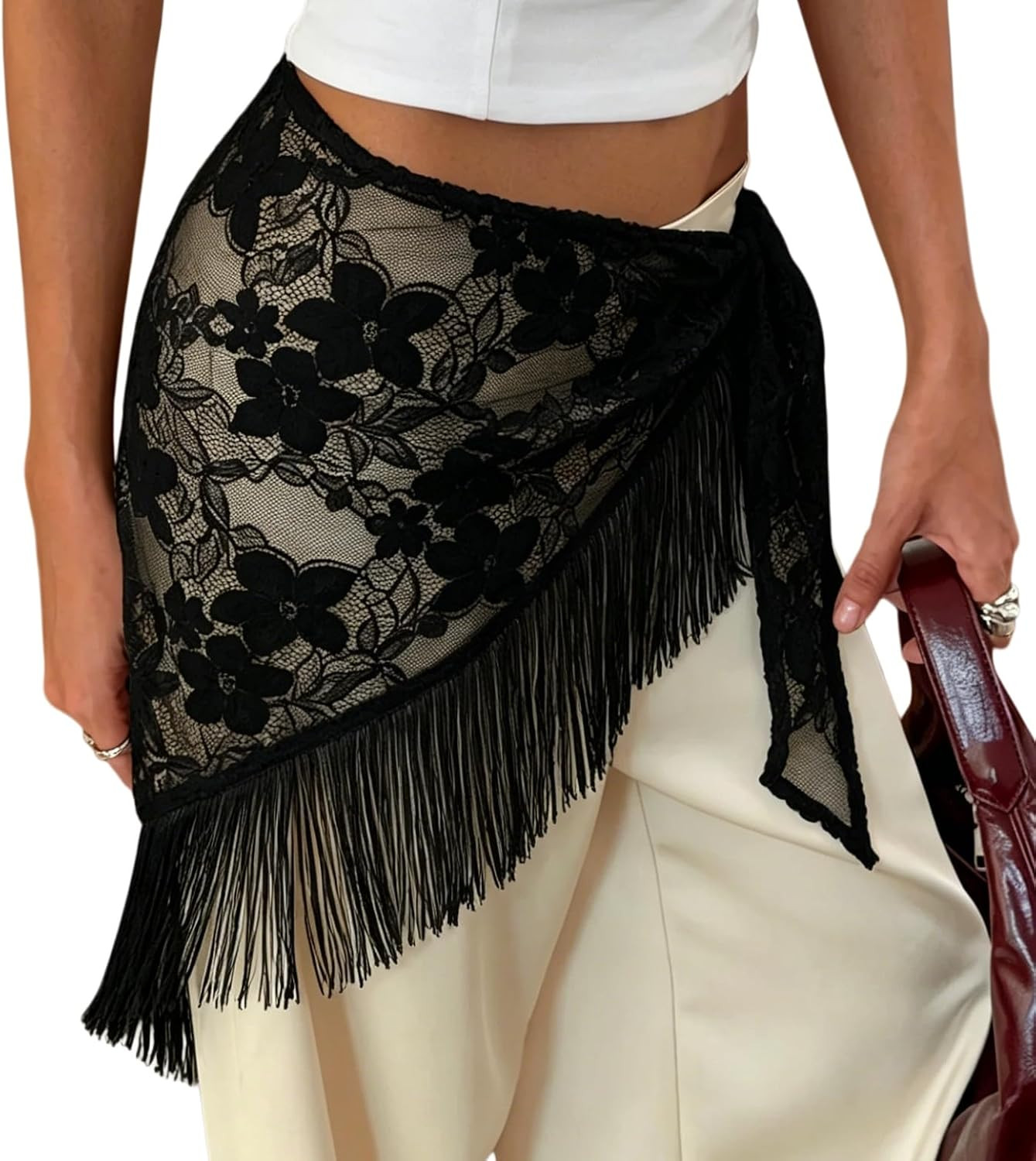 Women Lace Skirt Waist Scarf Y2K Tie Wrap Around Boho Mini Hip Scarf Skirt | Amazon (US)