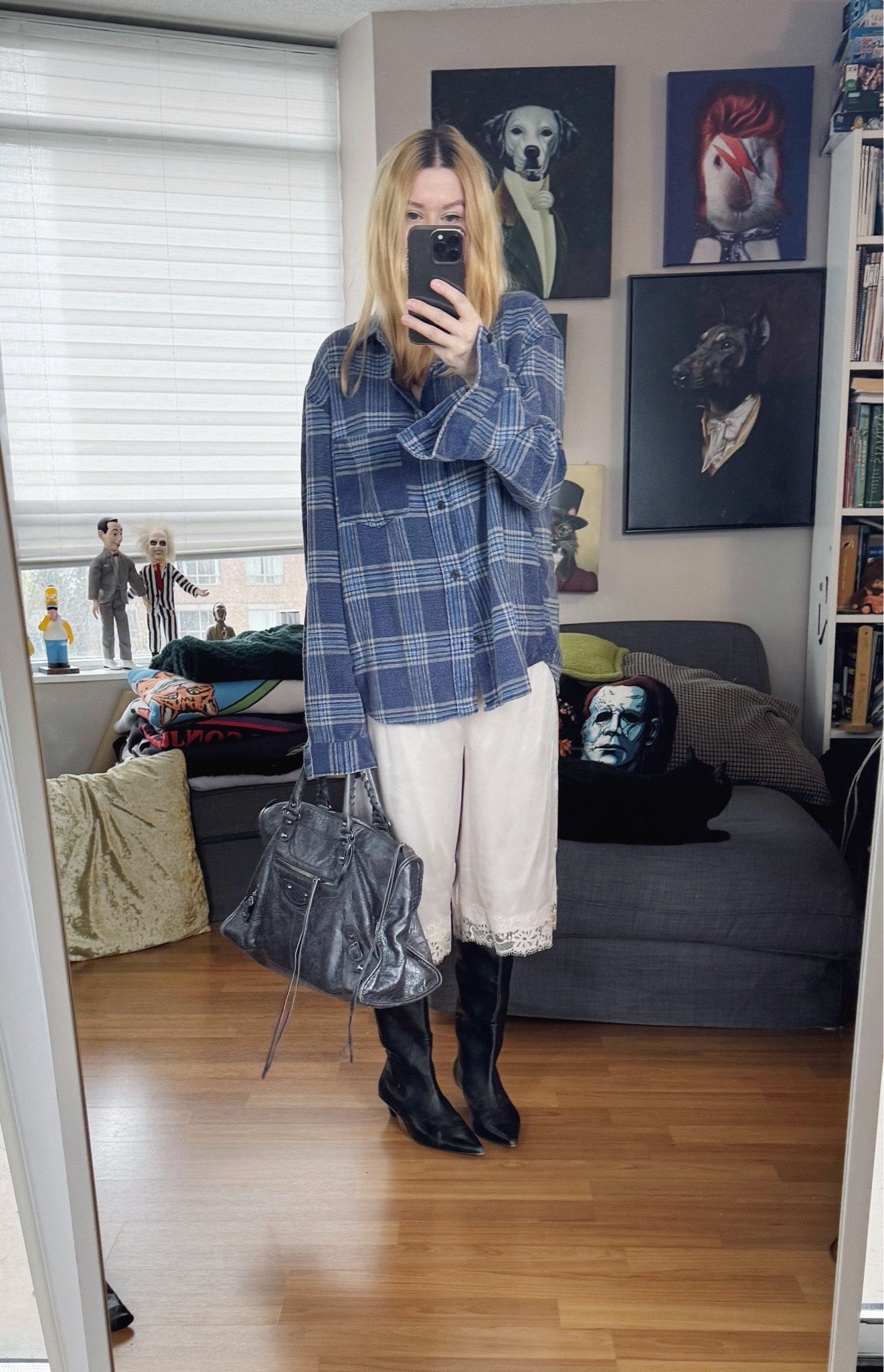I won’t wear the shorty satin and lace shorts but I like this Bermuda length because they kind of look like a skirt. This overall look is like a dishevelled, pyjama, rolled out of bed and put on dressy boots vibe but it goes well with my style and laid back personality 🤷‍♀️ 
The bag and boots are preloved.

#LTKcanada #LTKstyletip