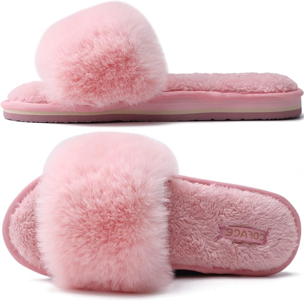 COFACE Womens Slides Fuzzy Slippers Open Toe Fluff Slippers With Arch Support Plantar Fasciitis Orthotic Slippers Women House Shoes | Amazon (US)