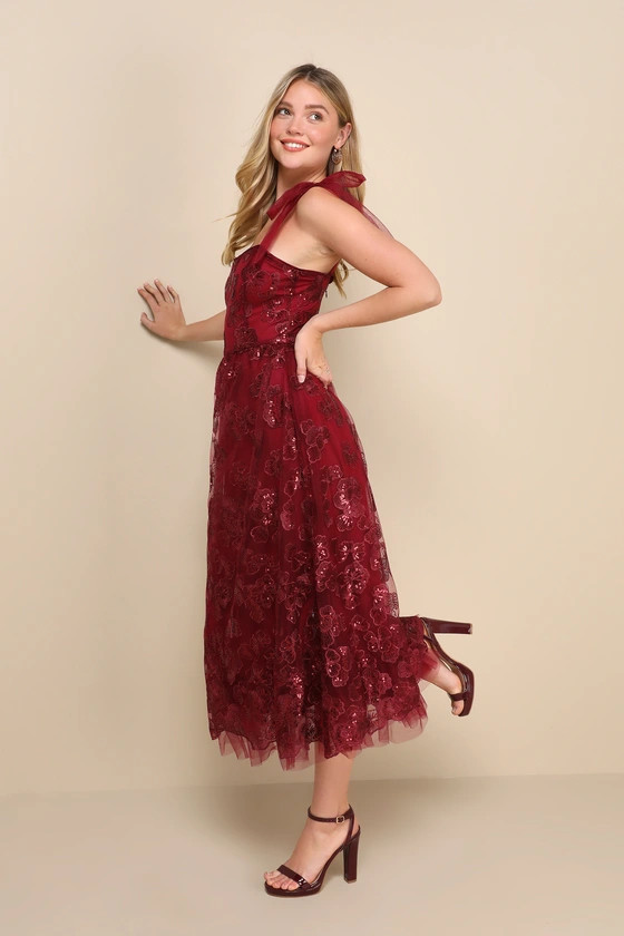Charming Expression Wine Red Floral Sequin Tie-Strap Midi Dress | Lulus