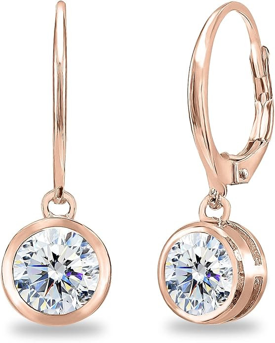 Sterling Silver 6mm Round Bezel-Set Sparkling AAA Cubic Zirconia Dainty Drop CZ Dangle Earrings f... | Amazon (US)