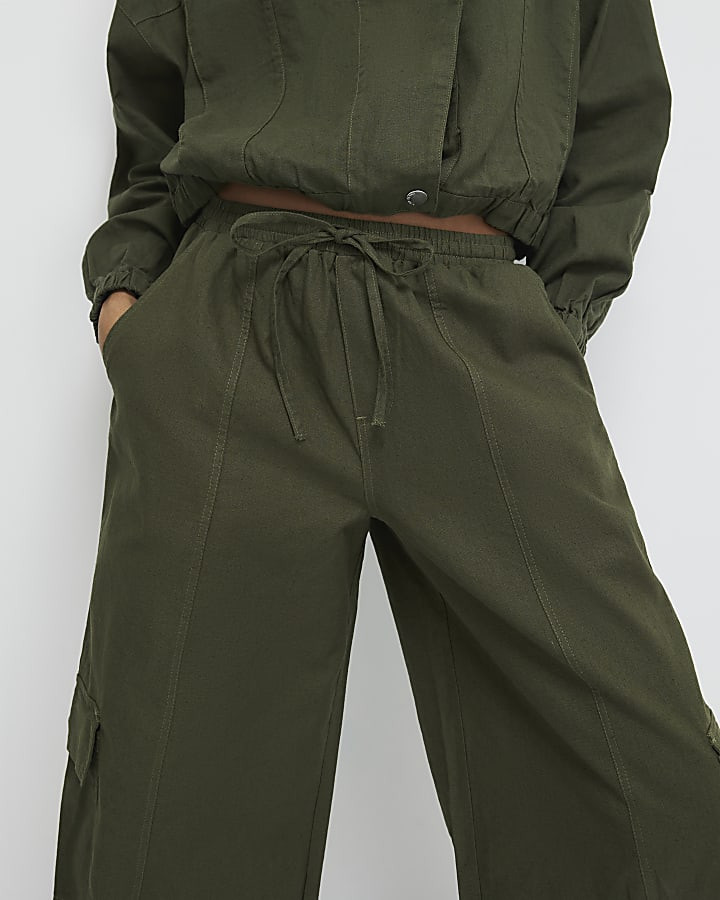 Green Linen Blend Cargo Trousers | River Island UK & IE