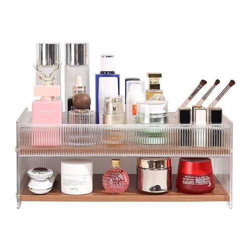 KAOTGOT Large Vanity Organizer - 15 Slot Lipstick Holder & Makeup Brush & Skincare/Perfume Organizer, Two-Tier Design,Walnut Wood & Acrylic Make up Organizer for Vanity/Makeup Table | Amazon (US)