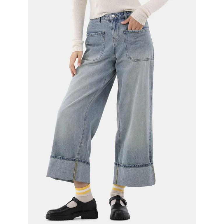 No Boundaries Cuffed Wide Jeans, 32” Inseam, Women’s | Walmart (US)