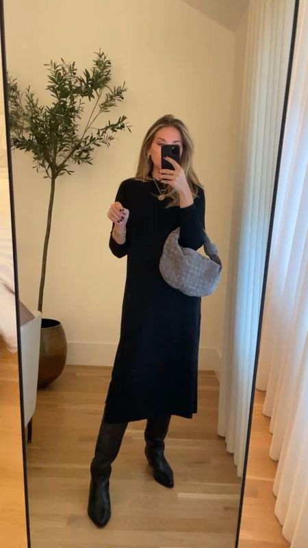 Sweater dress and tall boots / thanksgiving outfit idea 