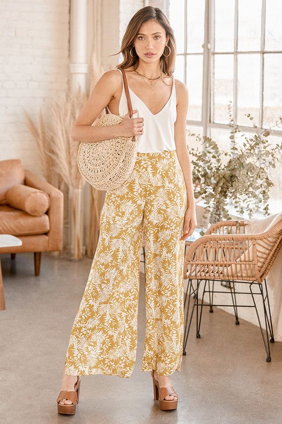 Hey Vacay Yellow Tropical Print Wide-Leg Pants | Lulus (US)