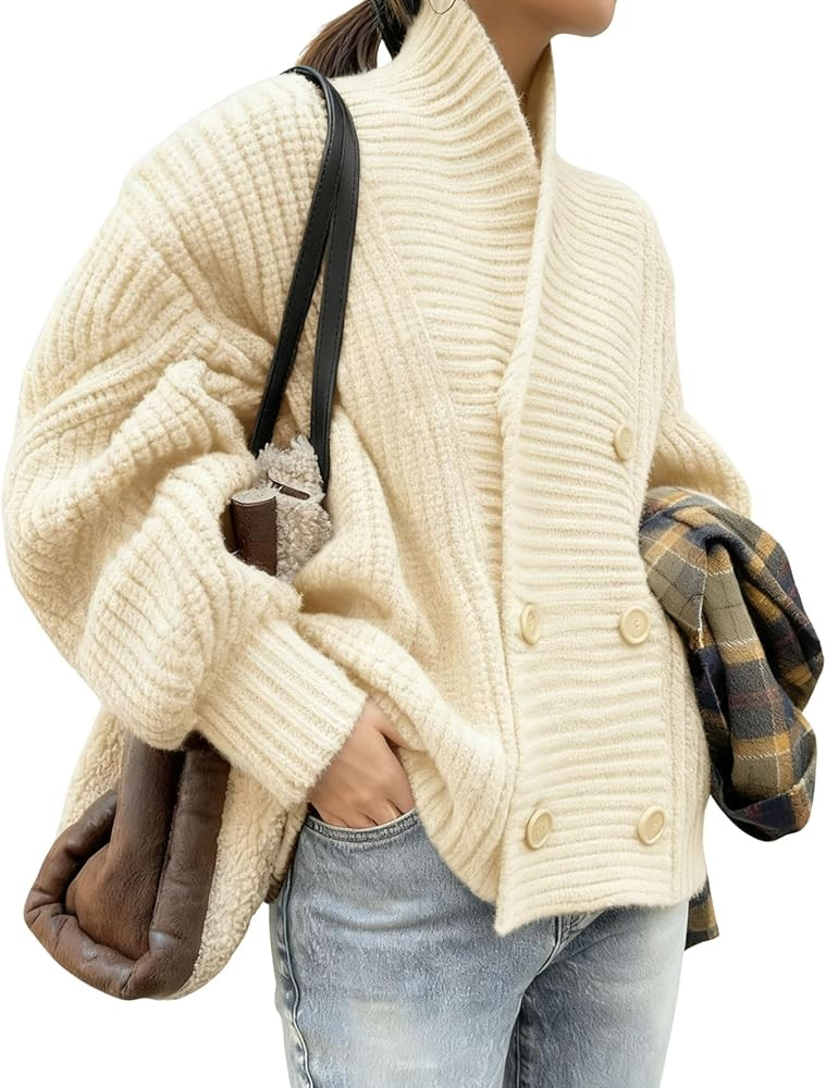 Xiaoxuemeng Womens Knitted Cardigan Sweater Button Down Shawl Collar Cardigan Jackets Chunky Ribb... | Amazon (US)