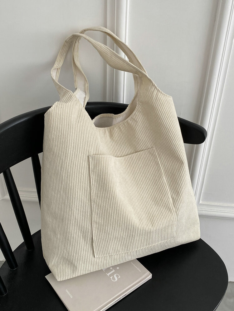Pocket Front Corduroy Shoulder Tote Bag | SHEIN