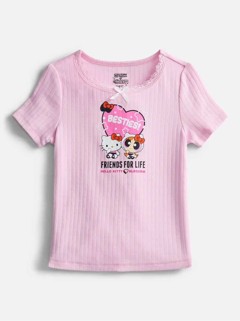 The Powerpuff Girls x Hello Kitty Besties for Life Girl\u2019s Graphic Pointelle Knit Crewneck Te... | Walmart (US)