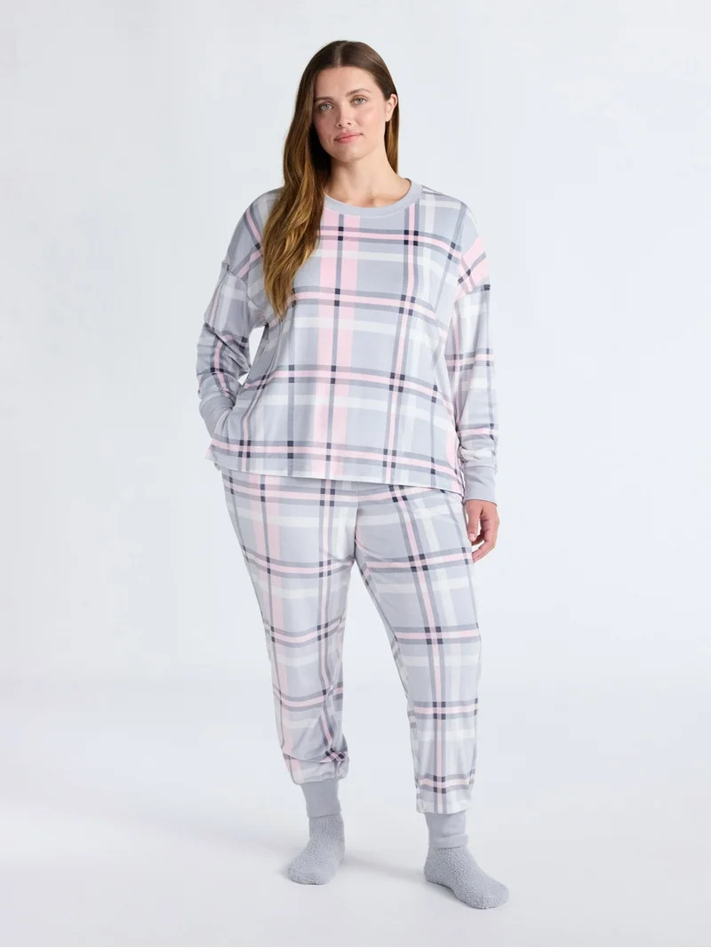 Joyspun Women’s Stretch Velour Long Sleeve Top, Pants, and Socks Pajama Set, 3-Piece, Sizes XS-... | Walmart (US)
