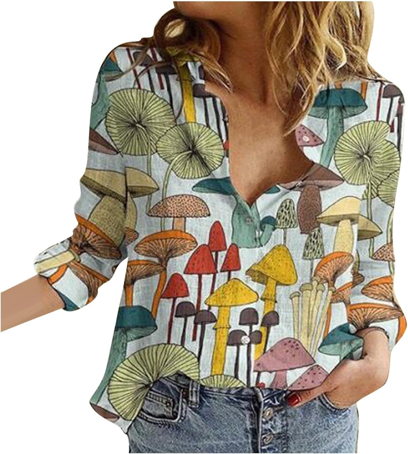 Tops for Women Lapel V Neck Mushroom Print Shirts Summer Cotton Linen Tees Shirts Long Sleeve But... | Amazon (US)