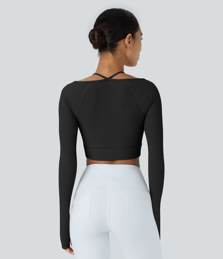 Women’s Ribbed Halter Strap Thumb Hole Cropped Yoga Sports Top - Halara | HALARA