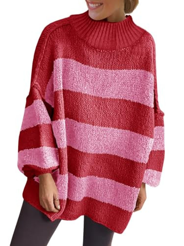 Saodimallsu Womens Oversized Striped Sweater Mock Neck Chunky Knit Lantern Long Sleeve Fall Trendy Tunic Sweaters Top Red | Amazon (US)