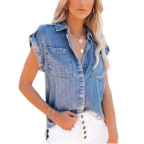 utcoco Women's Sleeveless Jean Shirts Casual Loose Denim Button Down Tops | Walmart (US)