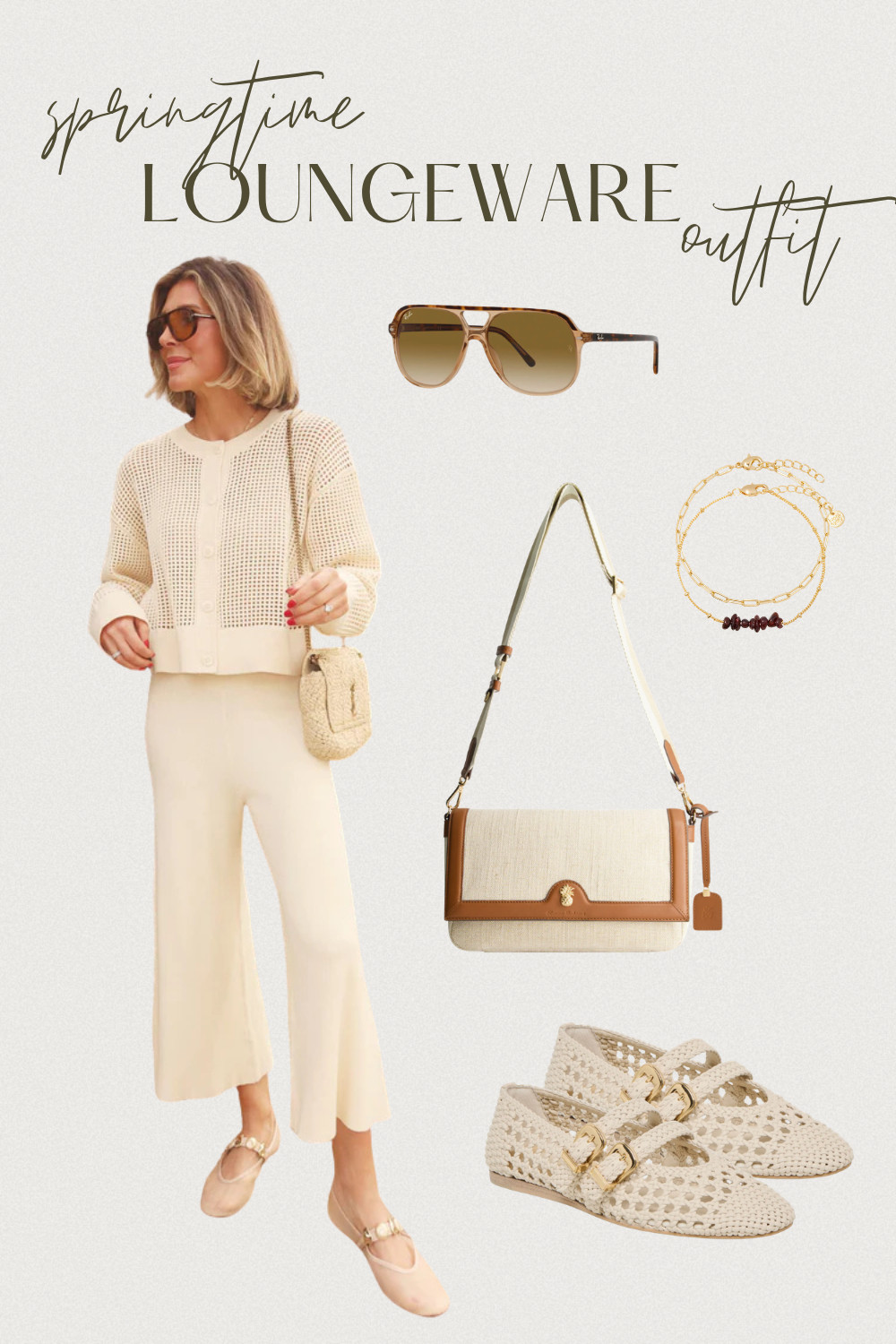 The perfect spring loungewear outfit when you want comfort but still look effortlessly put together. This neutral matching set is the definition of elevated casual style—lightweight, breathable, and flattering for everyday wear. Paired with woven flats, classic navigator sunglasses, delicate layered bracelets, and a neutral crossbody bag, this outfit is ideal for running errands, coffee dates, travel days, or relaxed weekend plans.

If you love minimal neutral outfits, capsule wardrobe pieces, and comfortable yet polished looks, this spring outfit is a must-save. 

Perfect for:
• Spring outfit ideas
• Elevated loungewear looks
• Neutral capsule wardrobe inspiration
• Comfortable chic everyday outfits
• Postpartum-friendly relaxed style 

 #LTKootd #LTKmomlife #LTKWorkwear