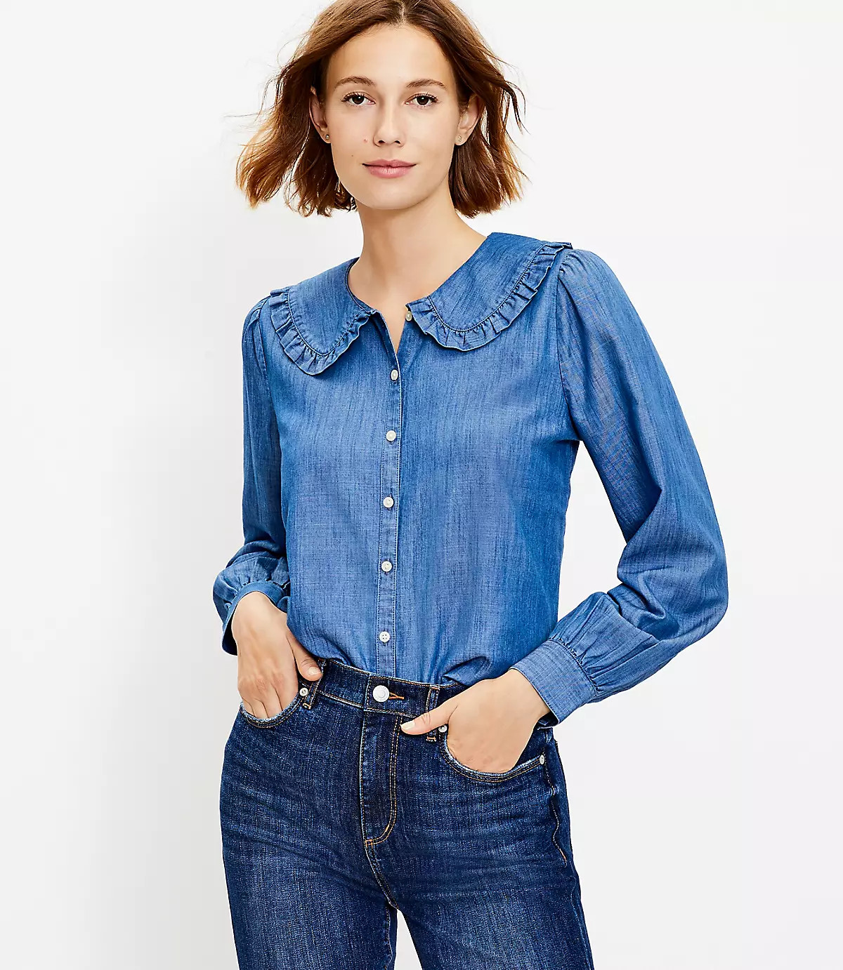 Chambray Ruffle Collar Blouse | LOFT