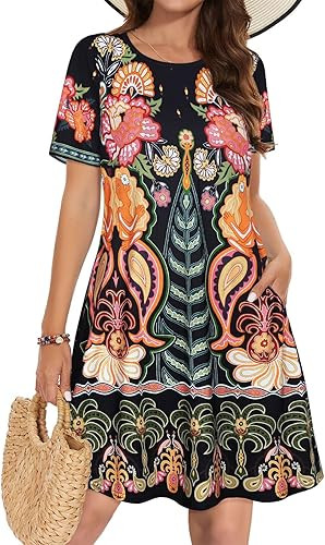 Summer Dresses for Women Casual Tshirt Short Sleeve Floral Sundress Beach Cover Ups with Pockets | Amazon (US)