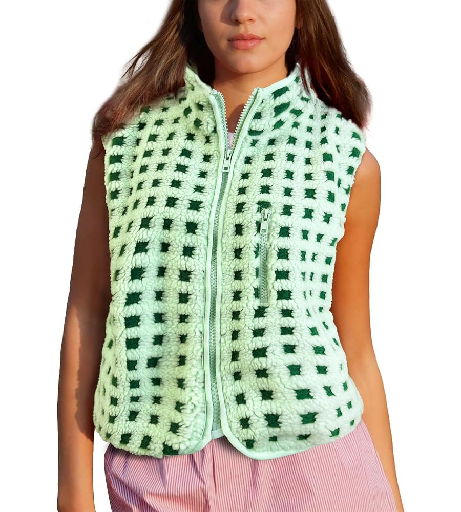 Colorful world Womens Checkered Sherpa Vest Fleece Jacket Lightweight Zip Up Sleeveless Crochet P... | Amazon (US)
