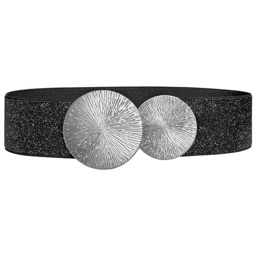 SANSTHS Women Wide Elastic Belts for Dresses Fashion Stretchy Waist Belts Ladies Cinch Belts with Silver Buckle,Black,XL | Amazon (US)
