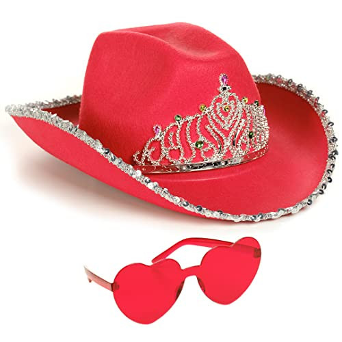 Funcredible Red Cowboy Hat and Glasses - Preppy Cowgirl Hat with Tiara - Sparkly Cowboy Hats - Cowgirl Outfit Accessories for Women and Girls | Amazon (US)