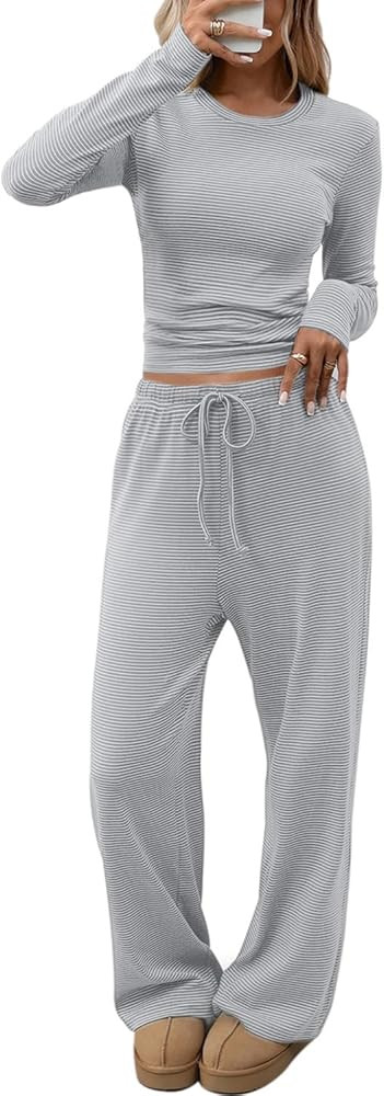 CHYRII Womens Two Piece Sets Fall Fashion Striped Long Sleeve Tops Wide Leg Palazzo Pants Outfits... | Amazon (US)