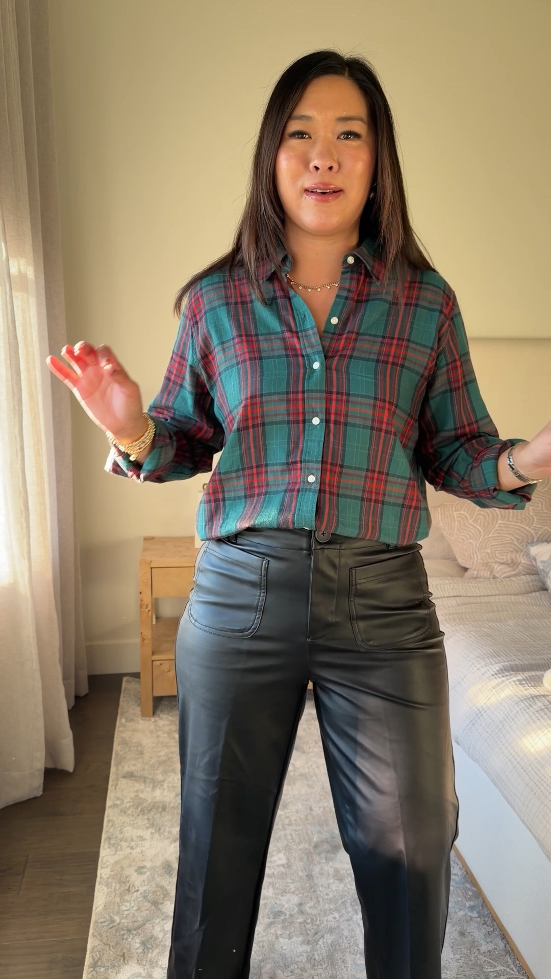 Christmas Holiday Outfit Idea
Plaid Top: Medium
Faux Leather Crop Pants: 8 