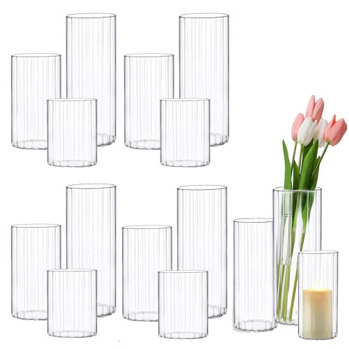 yshengood 12 Pcs Ribbed Hurricane Glass Candle Holders Glass Cylinder Candle Holder for Pillar Candle Floating Candle Holder | Amazon (US)