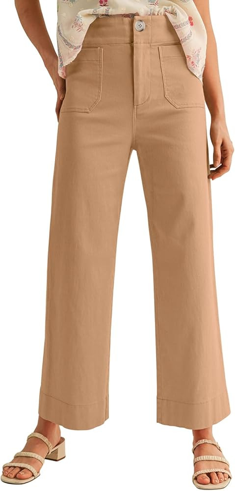 miduo Womens High Waisted Cropped Wide Leg Stretchy Straight Pants Trousers with Pockets | Amazon (US)