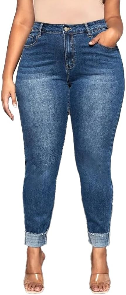 Plus Szie Women's High-Waisted Stretch Denim Jeans, Medium Blue Wash, Plus Size, Cuffed Ankle Len... | Amazon (US)