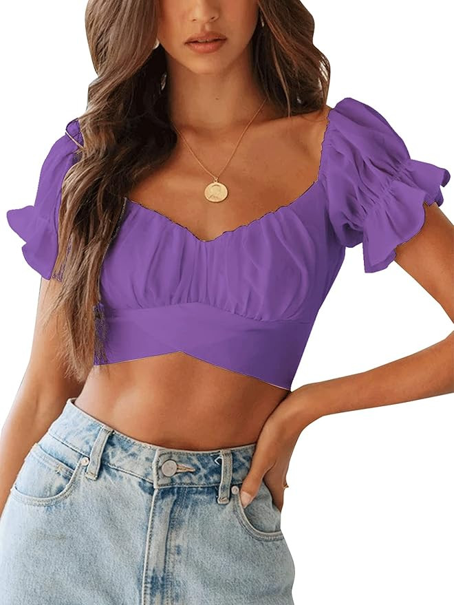 LYANER Women's Ruffle Short Sleeve Tie Up Back Crop Top Off Shoulder Bardot Blouse | Amazon (US)