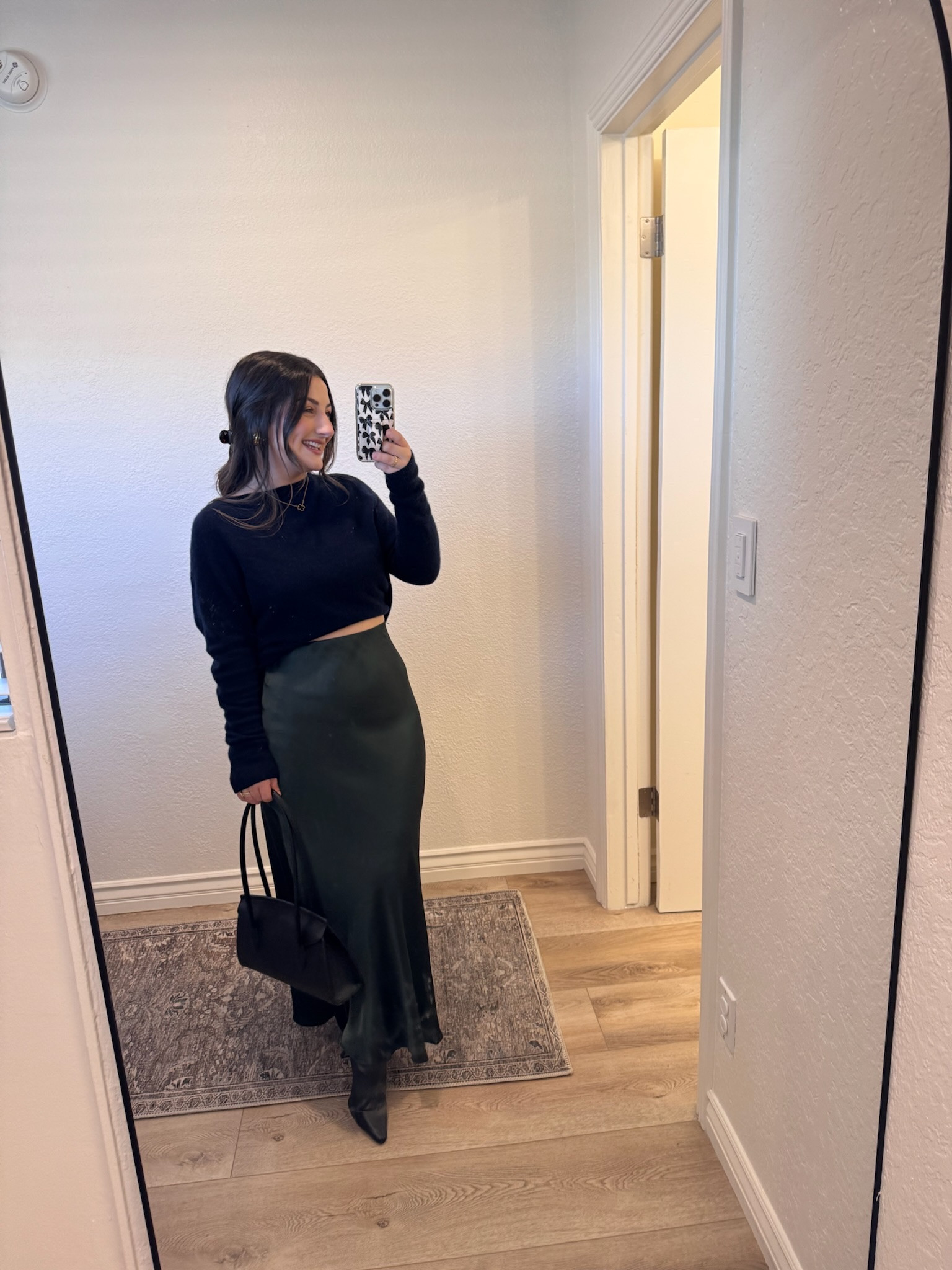 The perfect trio: washable silk, soft Mongolian cashmere, and a structured Italian leather shoulder bag. Wearing small in the skirt + XS in the sweater. (Both run TTS) 

#LTKPetite #LTKootd #LTKFindsUnder100