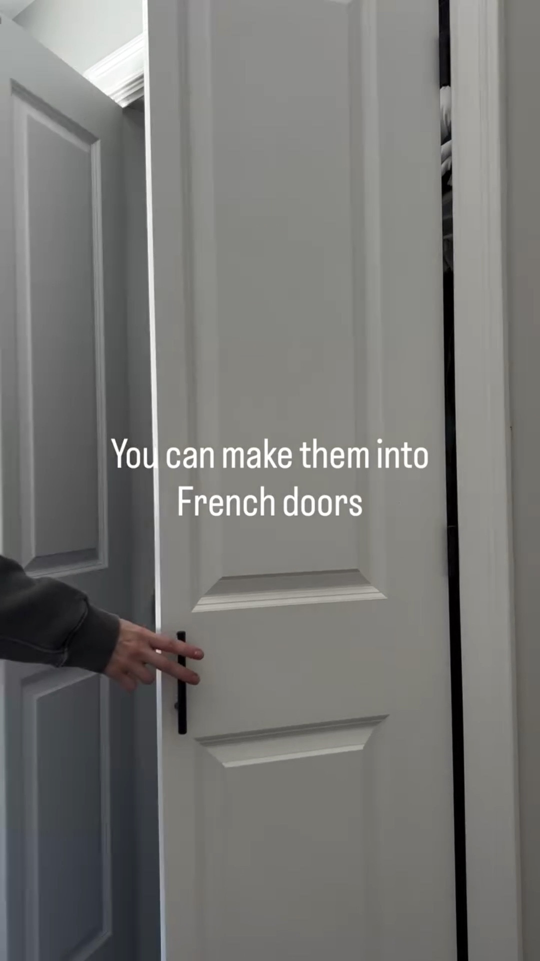 Easy and cheap upgrade to any bifold door ✨ turn them into French doors! Just remove the small hinges that are connecting the doors together. Remove the roller from the top, then just add regular door hinges to each side. I patched the holes and added door handles.  Want to update yours? 👉🏼👉🏼 Comment DOOR and I’ll send you materials I used