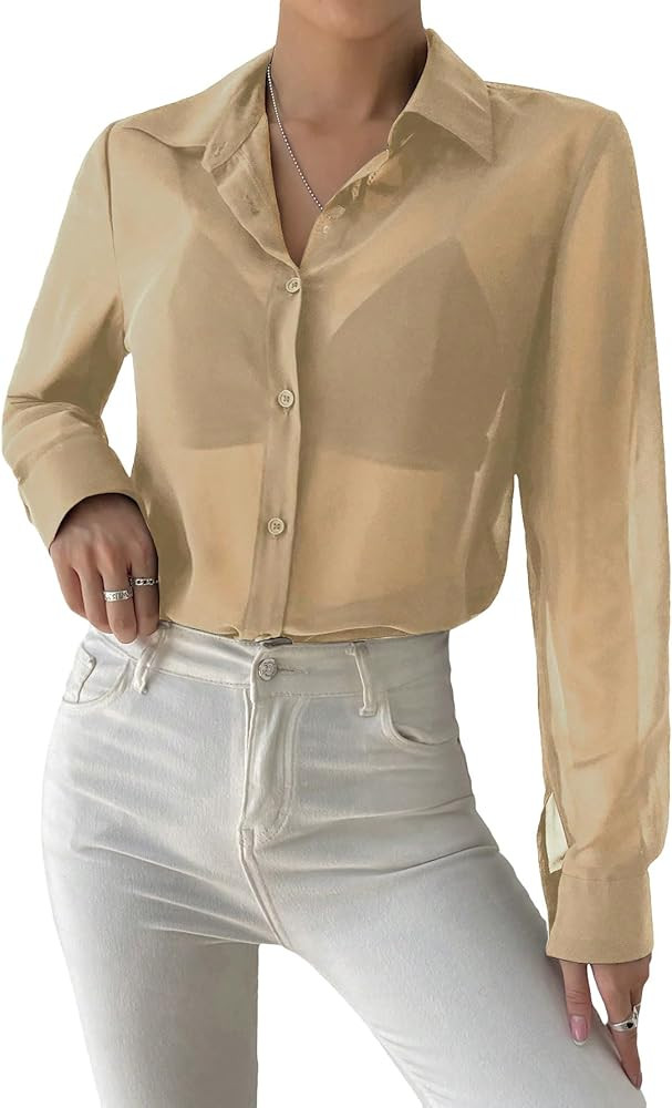 Verdusa Women's Sheer Mesh Button Up Shirt Long Sleeve See Through Blouse | Amazon (CA)