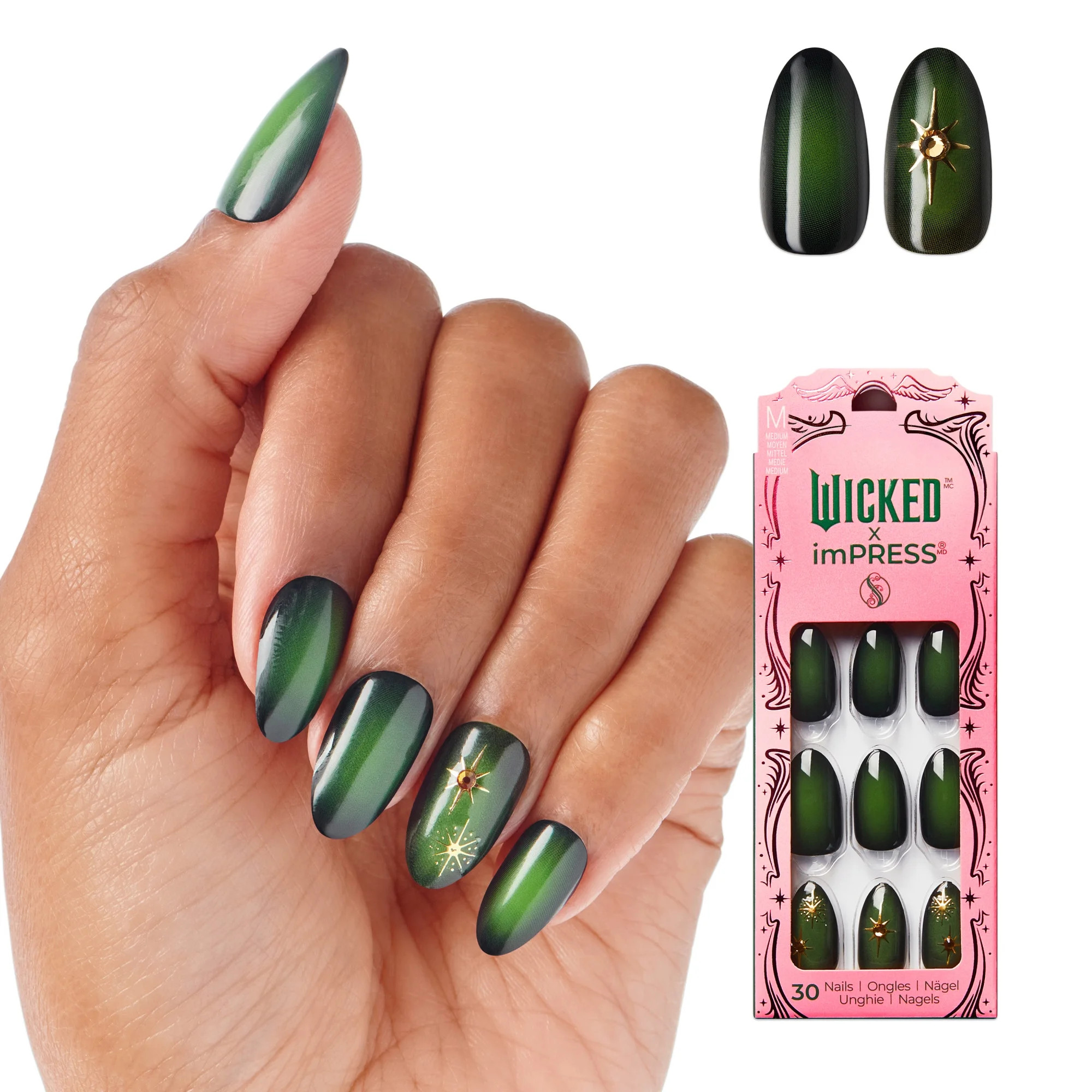 WICKED X imPRESS Press on Nails, Elphaba Thropp, Green, Medium Almond, 30 Count | Walmart (US)