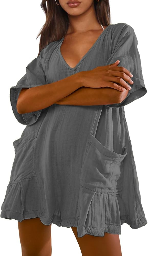 Womens Oversized Summer Tee Romper V Neck Half Sleeve Onesie Romper Beachwear Overalls With Pocke... | Amazon (US)