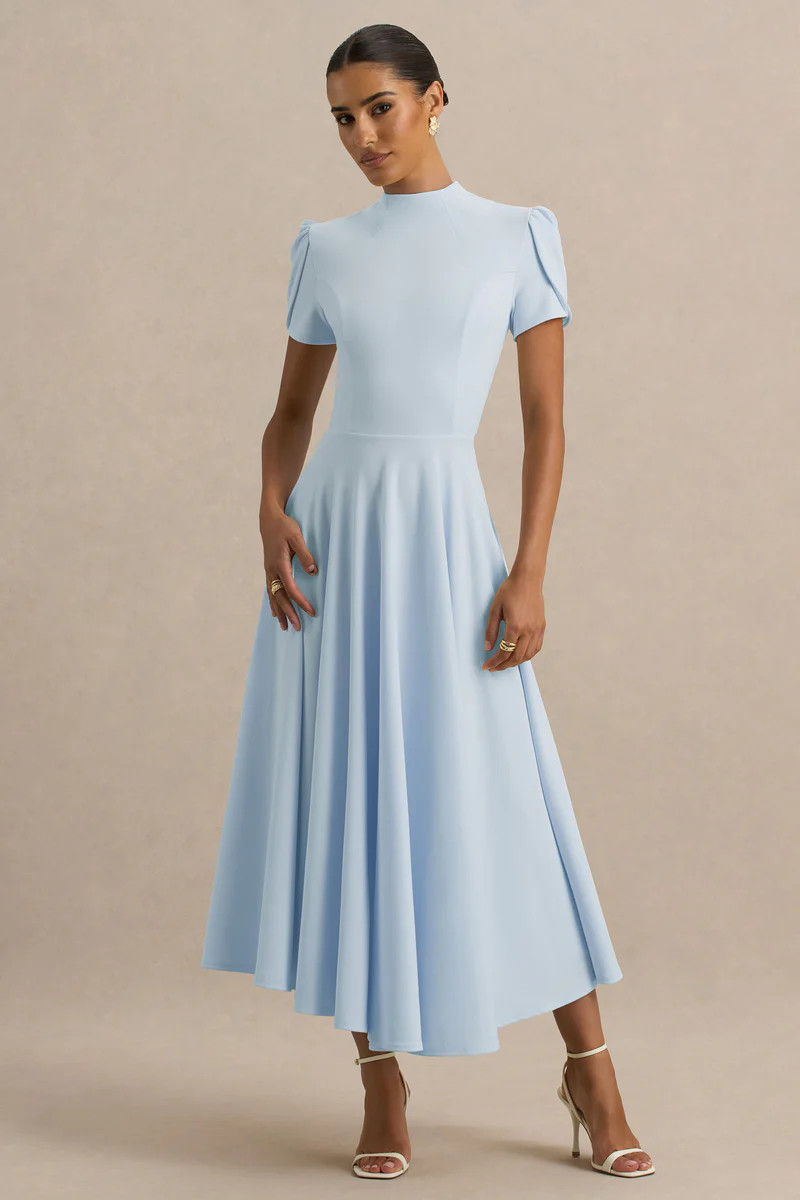 Vicky  Powder Blue High Neck Midi Dress With Puff Sleeves | Club L London