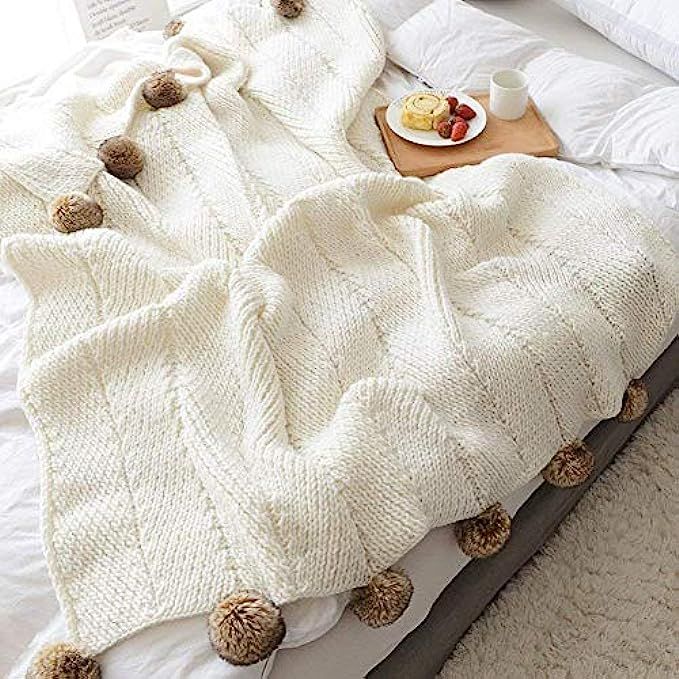 Knit Throw Blanket Reversible 100% Cotton Pom Pom Throws Blanket for Sofa Bed Couch Office Super Sof | Amazon (US)
