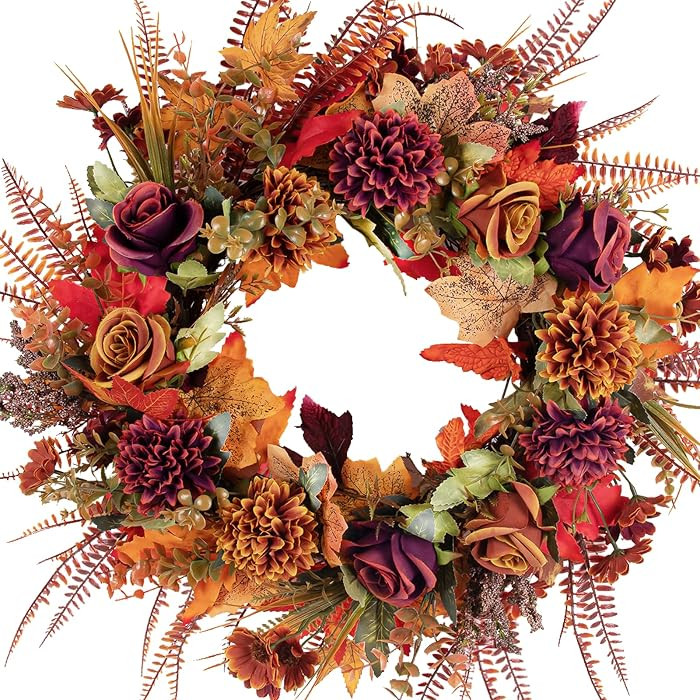 Fall Wreaths for Front Door 22 Inch Autumn Wreath with Burnt Orange Chrysanthemum Peonies Flowers... | Amazon (US)