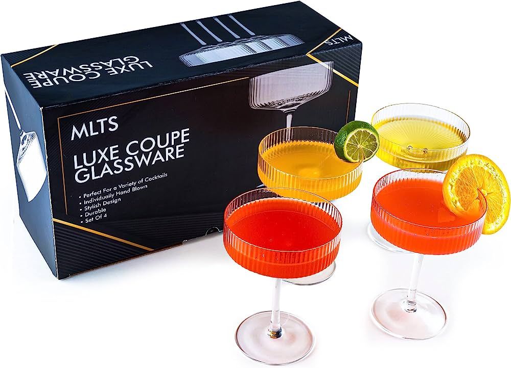 MLTS - Ribbed Champagne Coupe Glassware | Crystal Clear Coupe Glasses | Large Martini Glasses Set... | Amazon (US)
