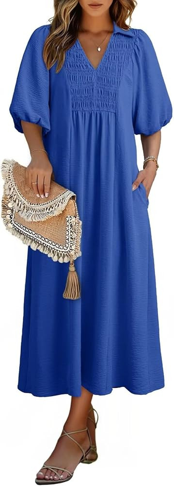 Dokotoo Summer Dresses for Women 2026 Casual Dresses V Neck Puff Sleeve Empire Waist A-Line Maxi ... | Amazon (US)