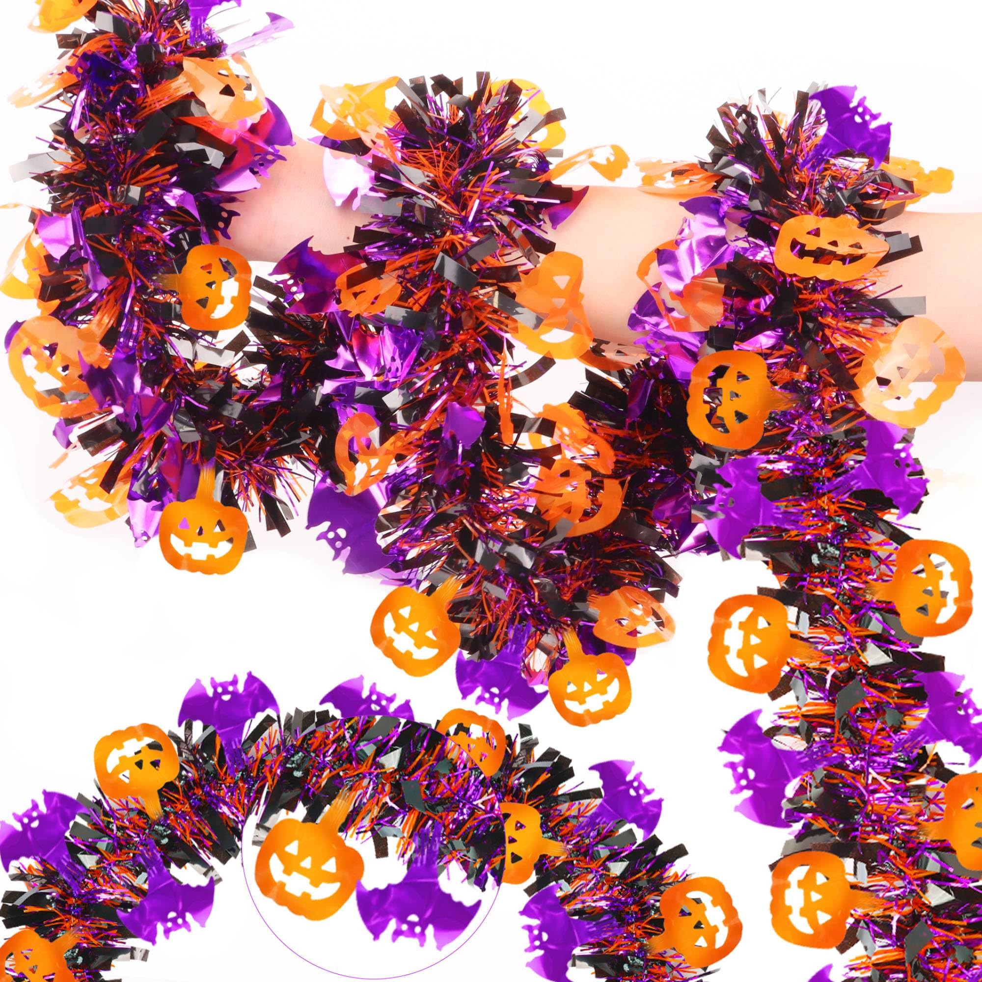 33FT Halloween Tinsel Garland with Pumpkin Bat Ornaments, Shiny Metallic Twist Garland Outdoor In... | Amazon (US)