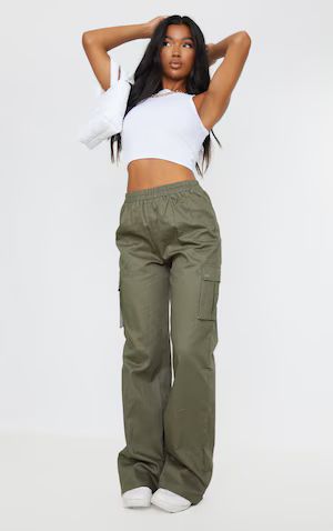 Khaki Wide Leg High Waisted Cargo Pants | PrettyLittleThing CAN