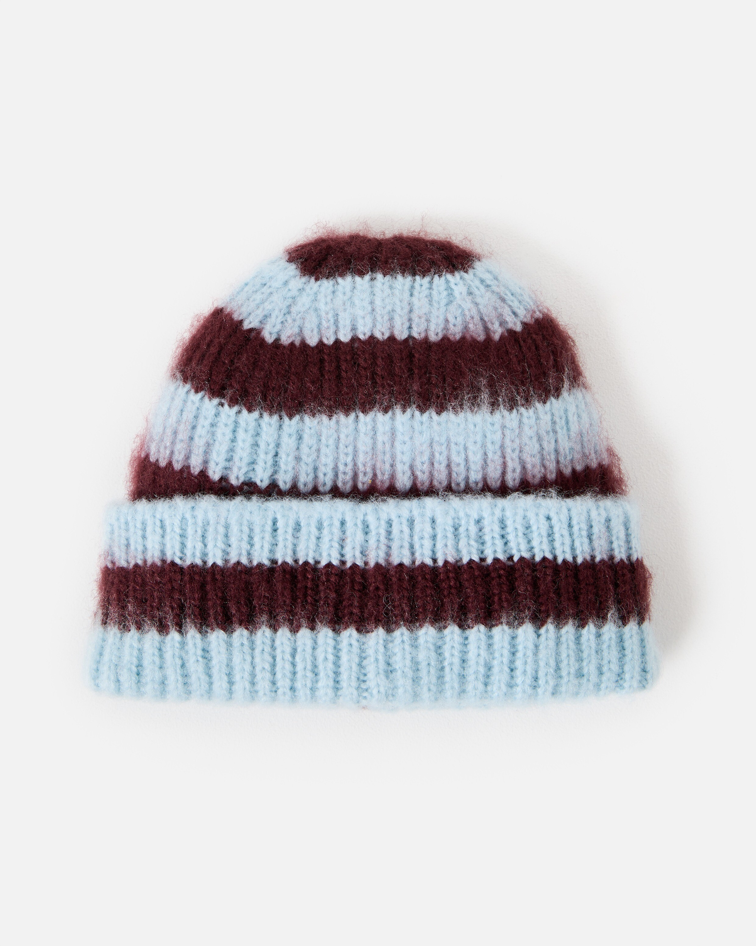 Blue & Burgundy Striped Fluffy Knitted Beanie Hat | Oliver Bonas | Oliver Bonas (Global)