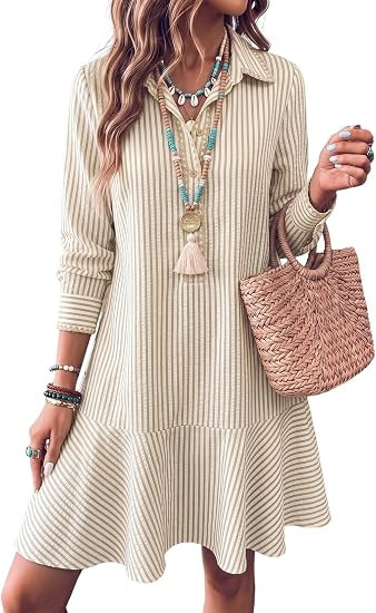 Dokotoo Womens Dresses Striped Button Embroidered Ruffle Hem Mini Dress | Amazon (US)