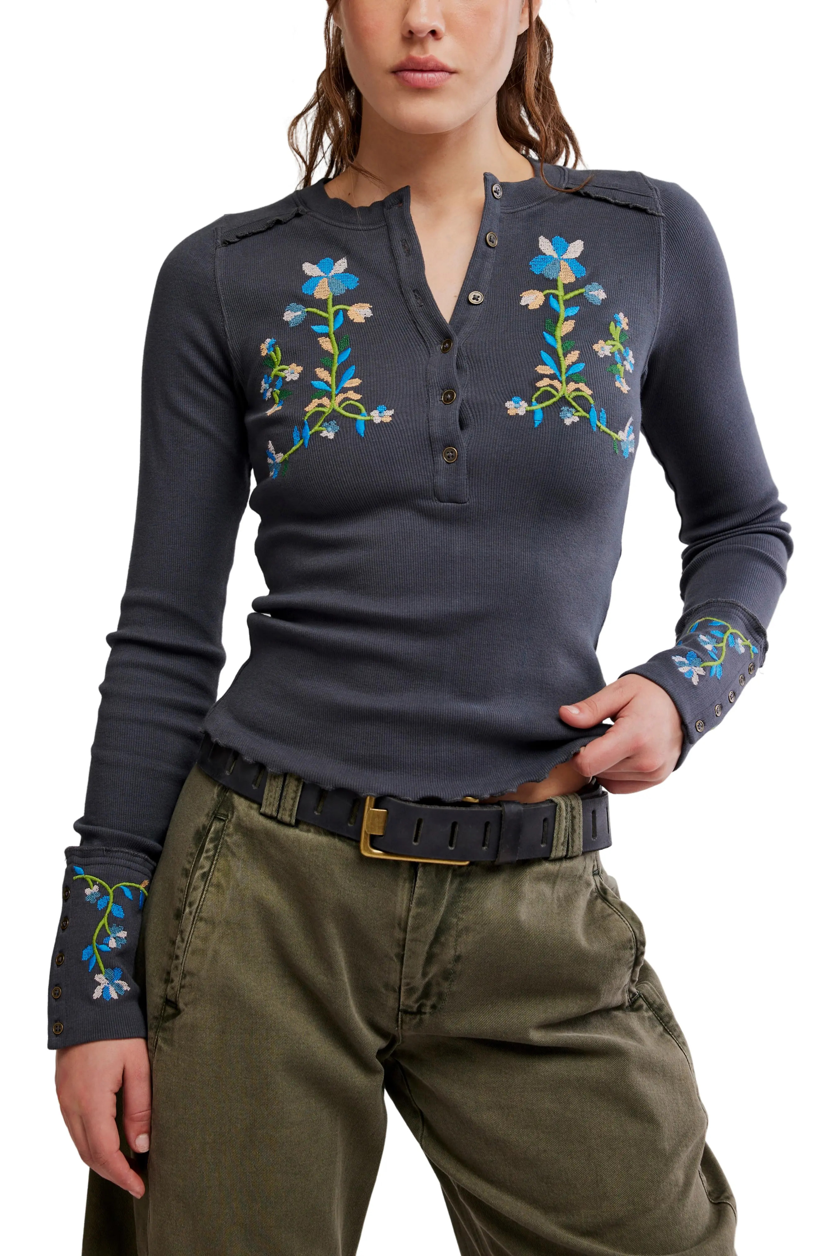 Free People Fleur Embroidered Henley Top (Women) | Nordstrom | Nordstrom
