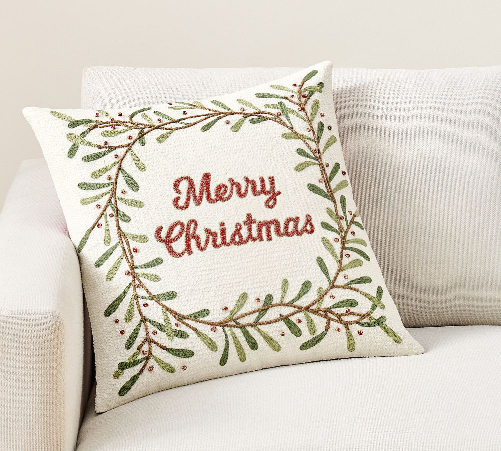 Merry Christmas Wreath Embroidered Pillow | Pottery Barn (US)